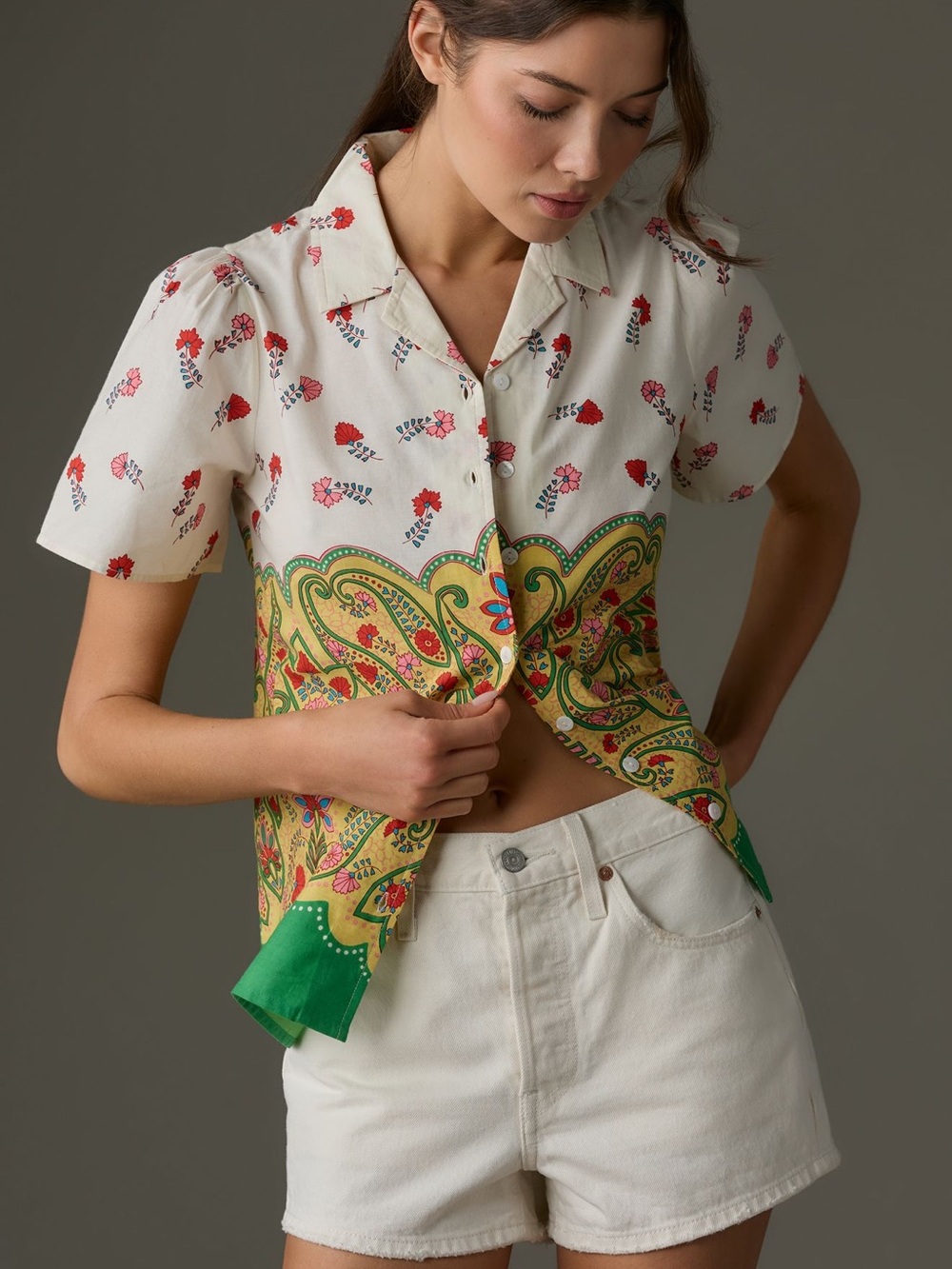 Banjanan 100% Cotton Cream Button-Front Top with Red Floral & Green Paisley Hem
